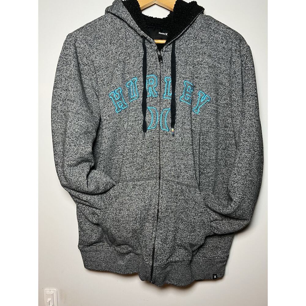 Vintage Hurley Zip Hoodie Sherpa Lined Skater Grunge Embroidered Spell Out Logo